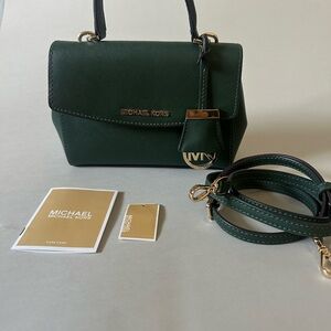 Michael Kors Dark Green Top Handle/Crossbody Bag with Gold Accents
